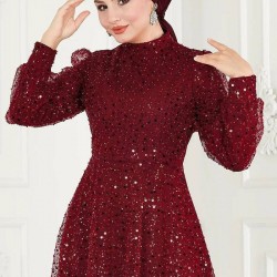 TESETTÜR PAYETLİ TÜL  ABİYE - BORDO