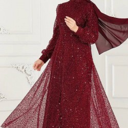 TESETTÜR PAYETLİ TÜL  ABİYE - BORDO