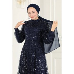 TESETTÜR PAYETLİ TÜL  ABİYE - LACİVERT