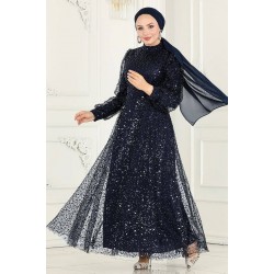 TESETTÜR PAYETLİ TÜL  ABİYE - LACİVERT