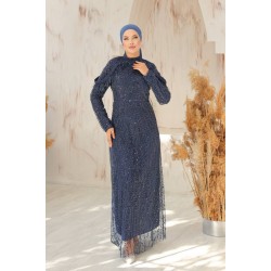 TESETTÜR BONCUKLU TÜYLÜ ABİYE - LACİVERT